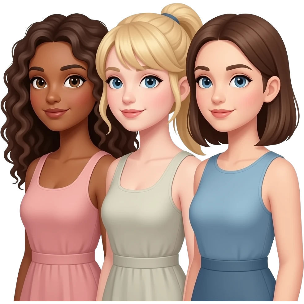 emoji that shows 3 females...all white skinned, one with long curly brown hair, one for blonde hair in a pony tail and one with shoulder length straight hair standing side by side emoji