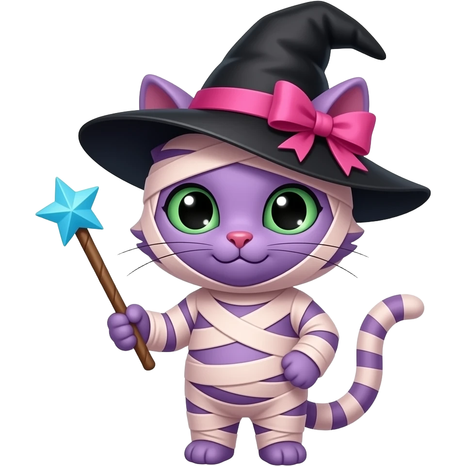 purple cat anthro with black witch hat pink ribbon  pink mummy costume holding a blue wand emoji
