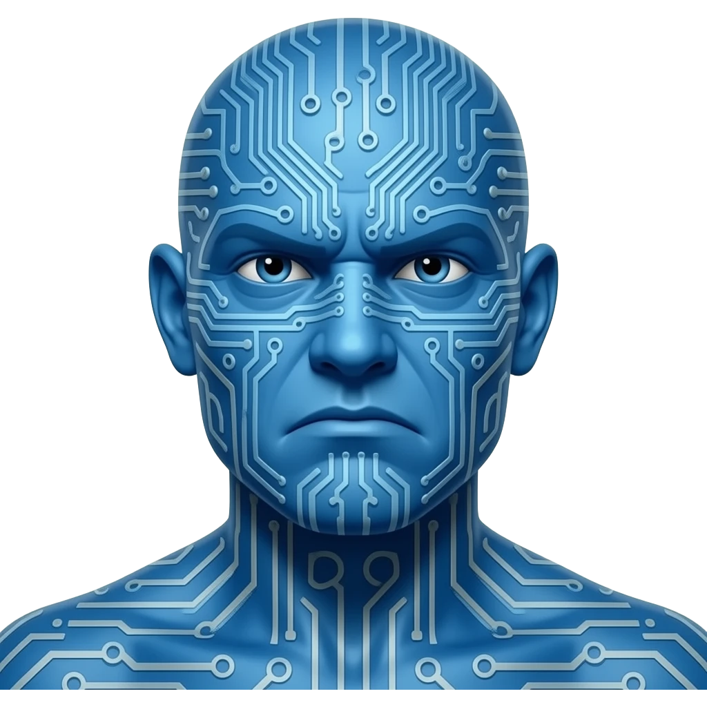 The image features a stylized frowning portrait of Blaze Bayley with blue skin covered in computer circuitry. emoji