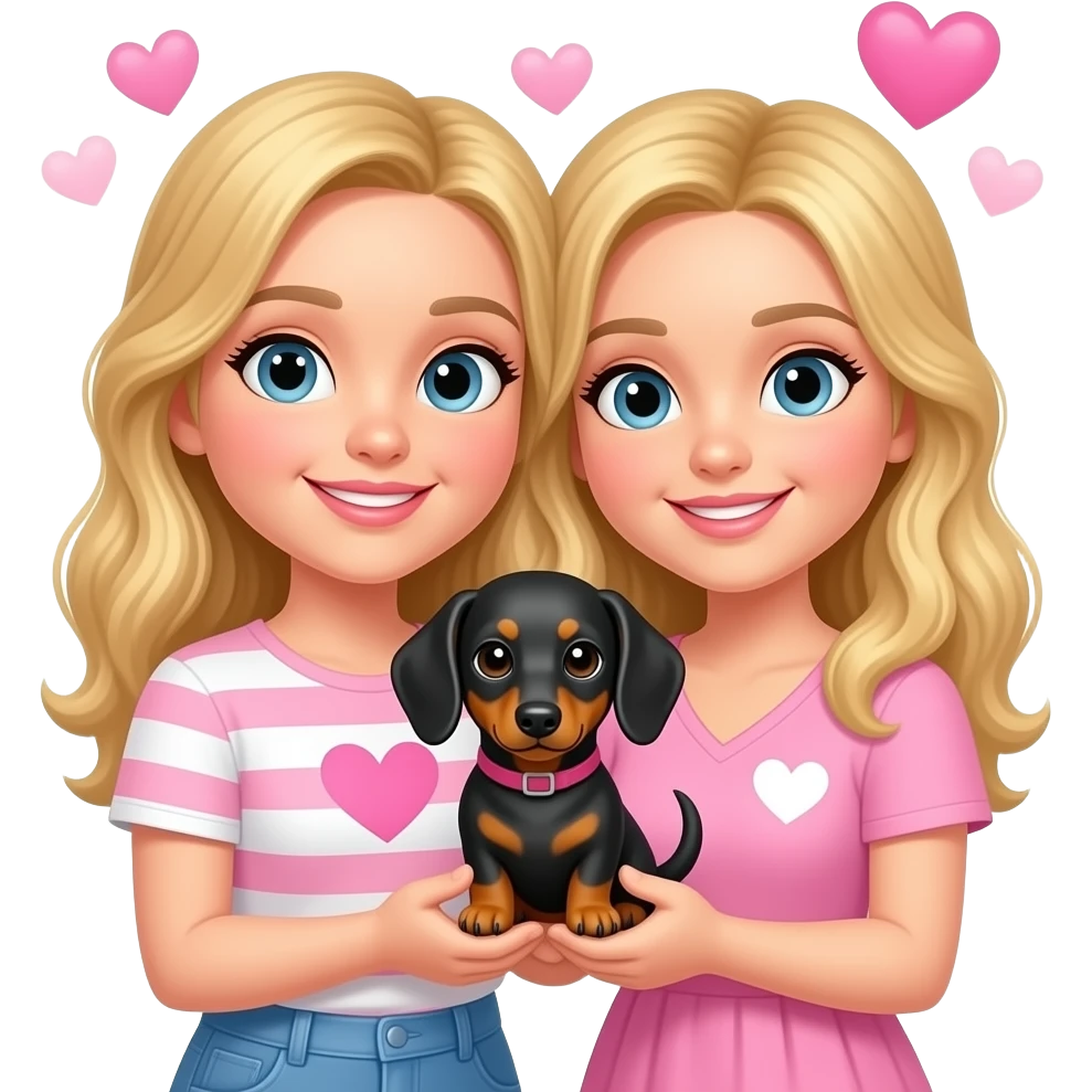 Cute Caucasian couple female with blonde hair with pink and white hearts holding a miniature black and tan dachshund emoji