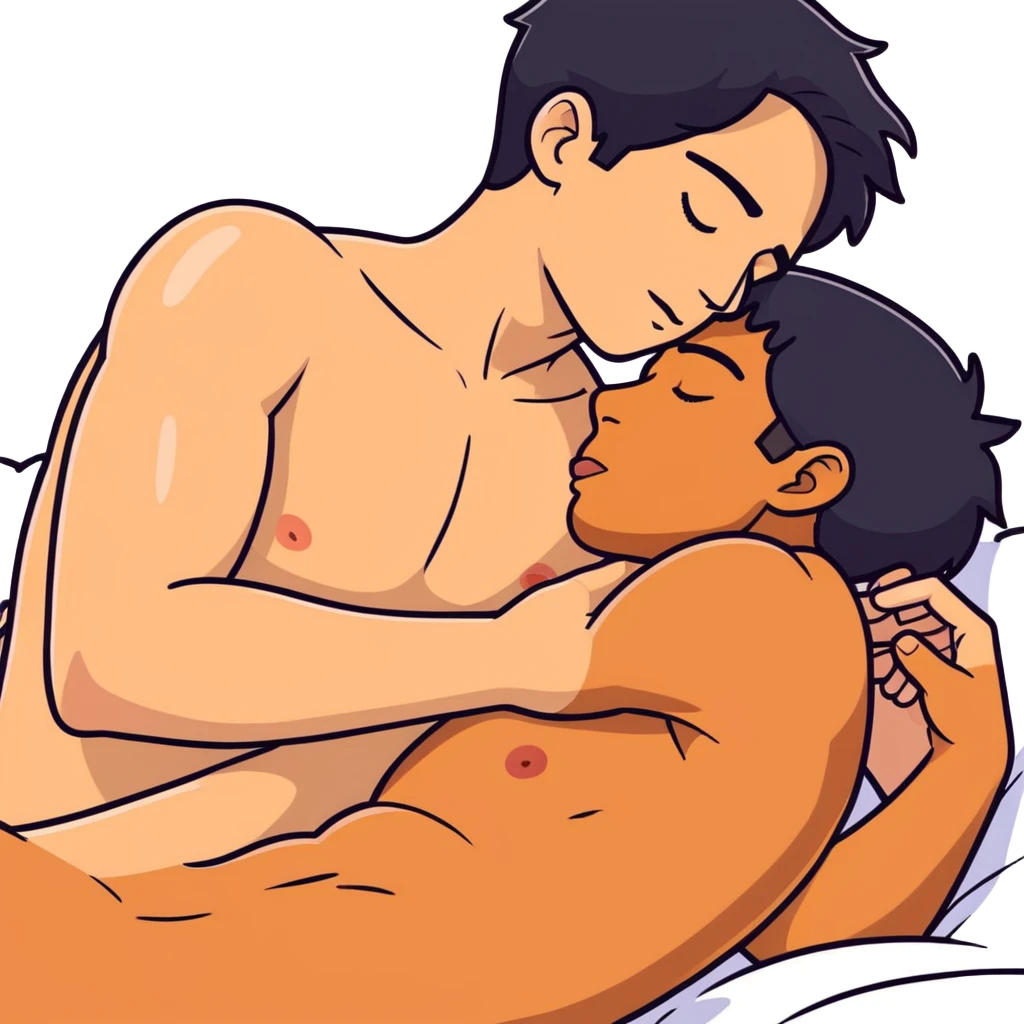 I398.67(((White adult male dark hair))) ,(((Dark skin  adult male))), naked, ((( sexual touching genitals))) , intercourse,spooning, kissing eyes closed tongue open mouth ,penis view, erotic rubbing body, hand job emoji