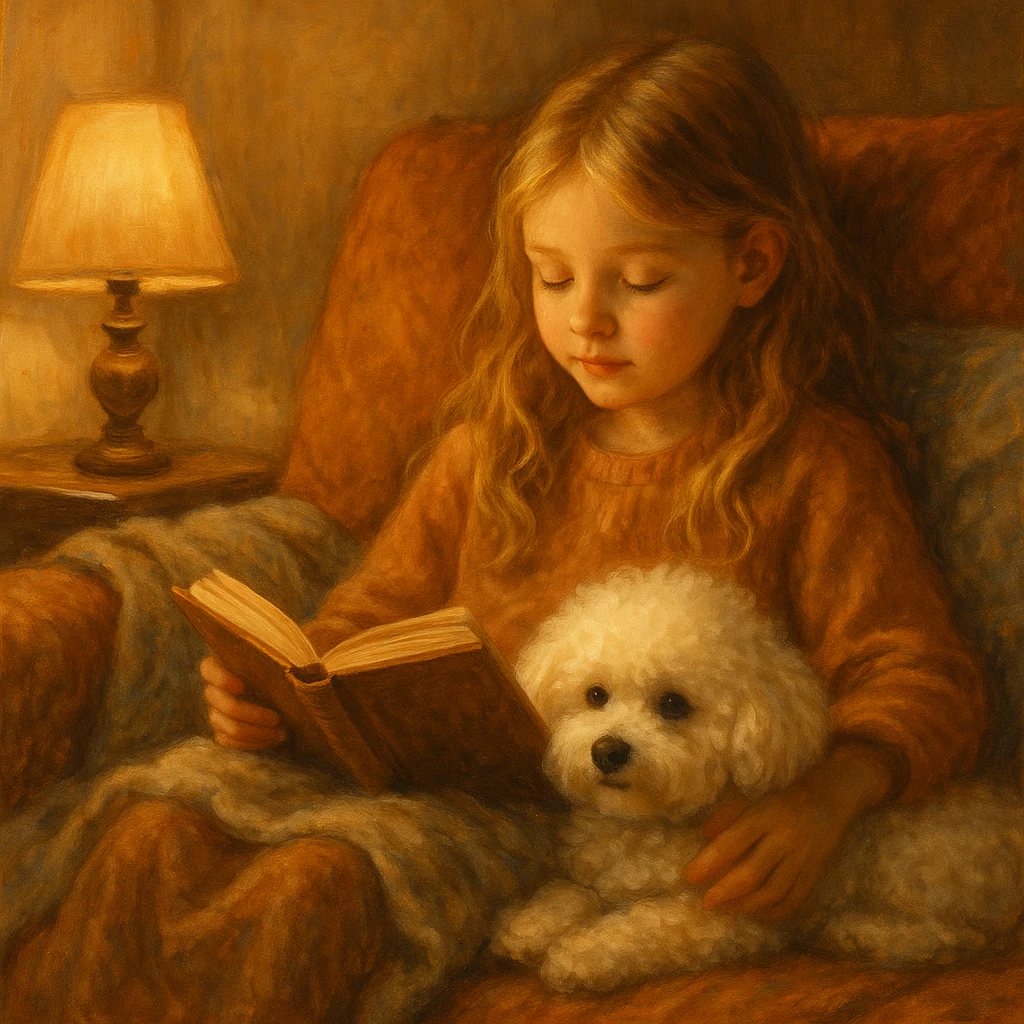 girl with blond hair reading a book with a bichon dog, in a cozy setting emoji