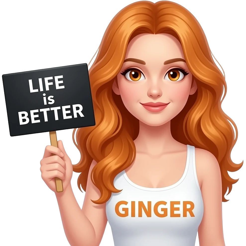 sexy girl with long wavy ginger hair and ginger eyes wearing a white tanktop is holding a black colored sign with LIFE is BETTER with a GINGER written on it emoji