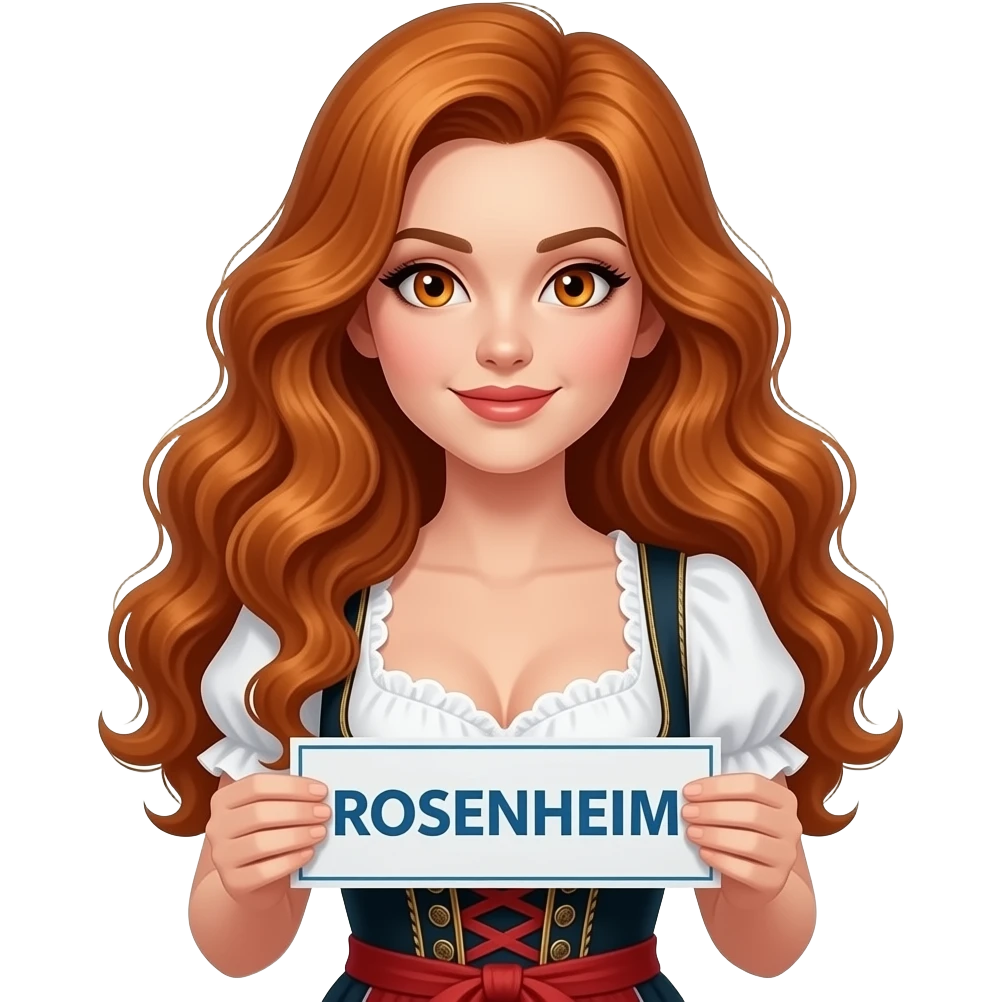 sexy girl with long curvy ginger hair and ginger eyes wearing a dirndl is holding a ROSENHEIM sign, emoji