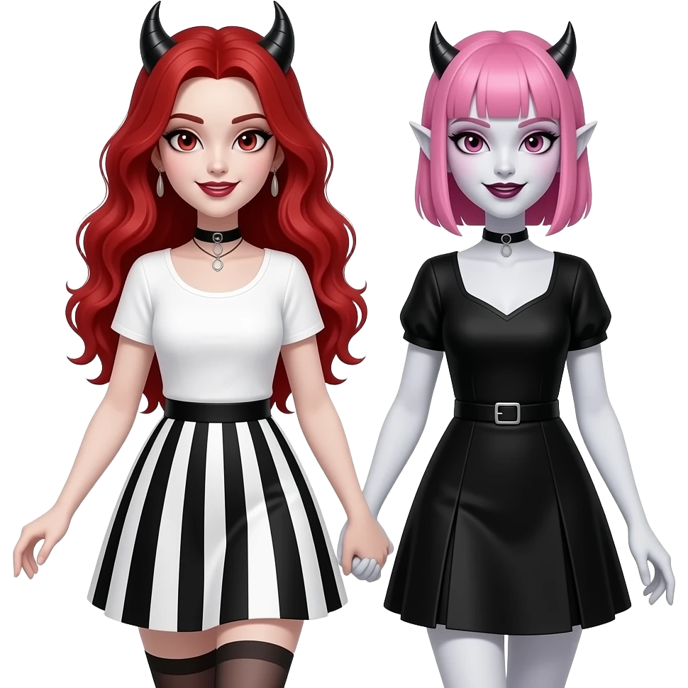 Vampiro femmina ADOLESCENTE con pelle bianca e capelli rosso ondulati lunghi che indossa un tubino a strisce NERE e BIANCHE ORIZZONTALI e il colletto con le maniche corte e bianche che cammina a braccetto con la sua amica VAMPIRO femmina con la pelle bianca e i capelli rosa e frangia emoji