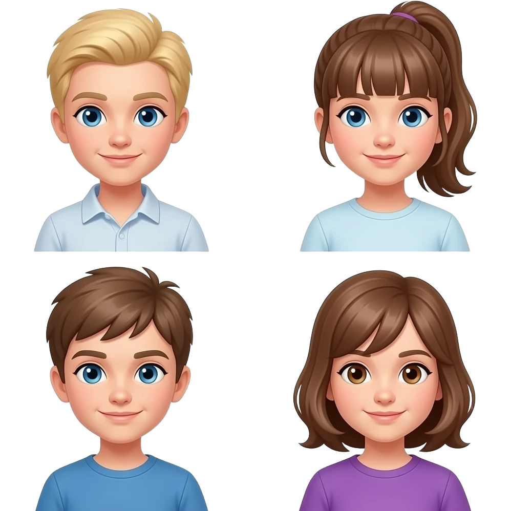 Girl with light blonde hair blue eyes, girl with light brown hair and ponytail with bangs and blue eyes, boy light brown hair blue eyes, girl Brown shoulder length hair brown eyes purple t-shirt emoji