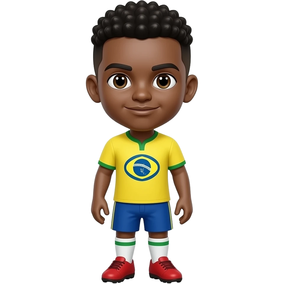 A WHITE  MINI LITTLE BOY WITH YELLOW BRAZIL JERSEY NO NUMBER   , PLAIN BLACK SHORTS  , WHITE SOCKS AND RED CLEATS MAKE HIM HAVE A BLACK BUZZ CUT BLACK EYE emoji