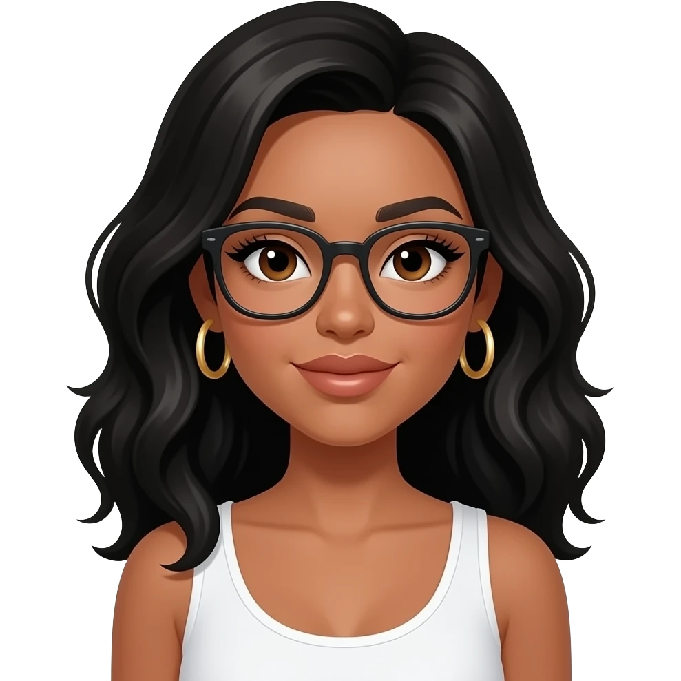 very light brown skin, very beautiful woman, with big plump lips, long long lashes, black wavy long hair, brown eyes, white tank top, gold hoop earrings and glasses emoji