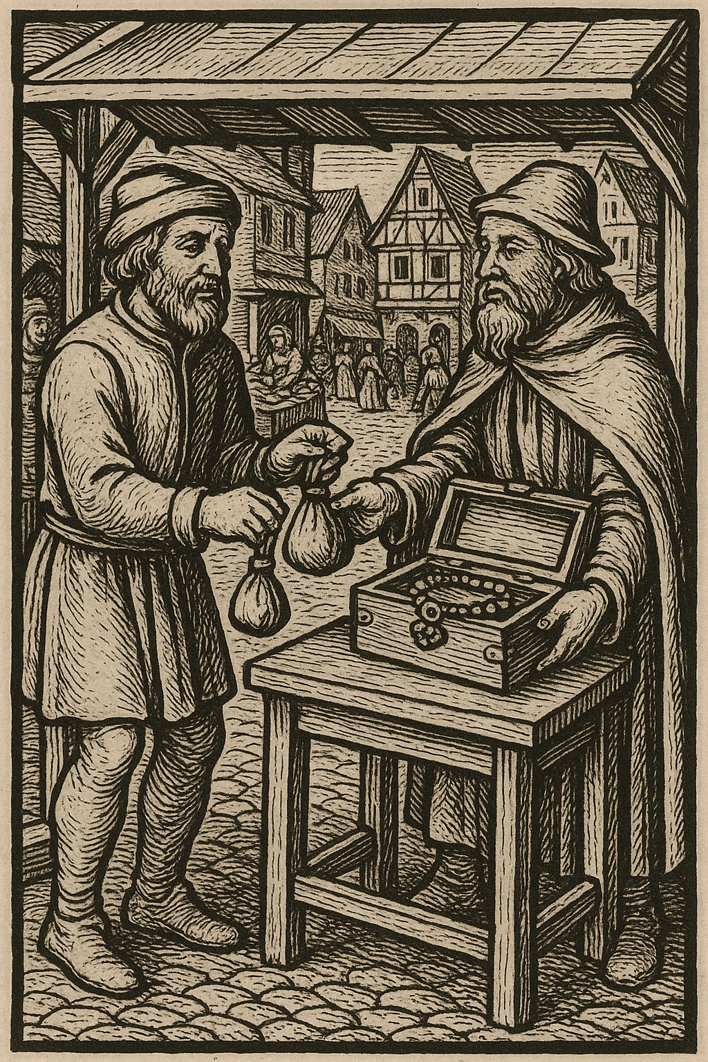 Сгенерируй мне гравюру, как в средневековье один мужчина дает другому мешочек, а другой украшение коробку деревянную, они торгуют, все это происходит на рынке emoji