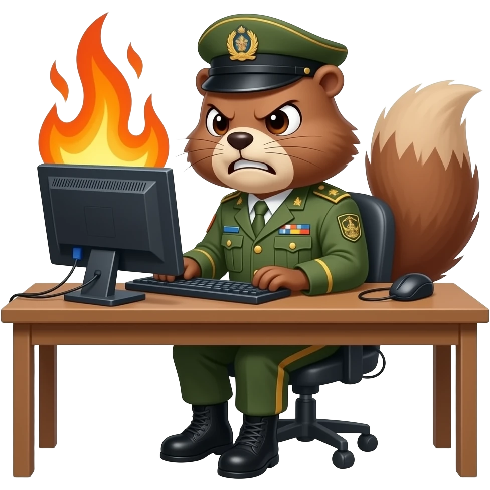 Marmotte enragé avec feu en tenu militaire travaillant devant ordinateur emoji