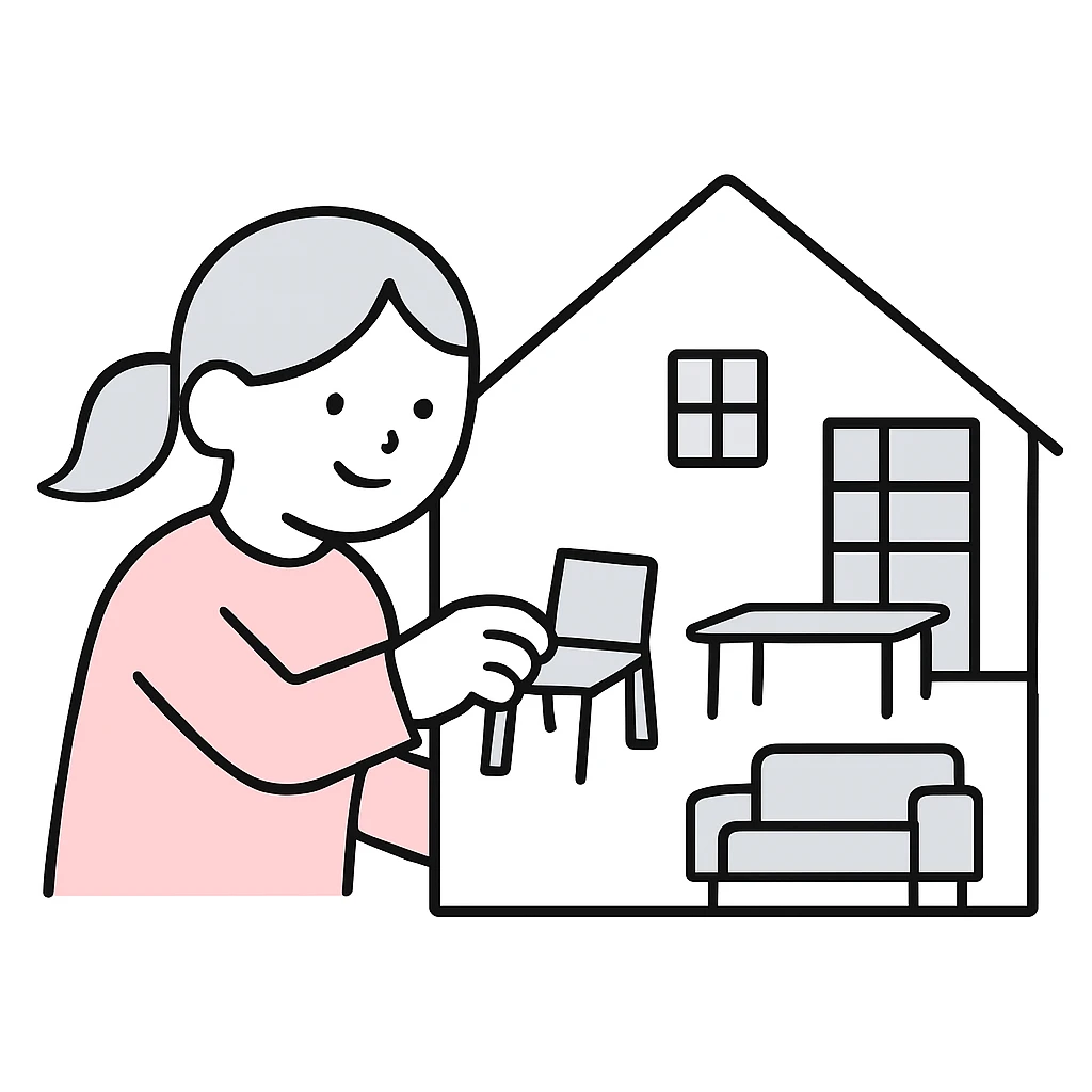 smiling girl arranging furniture in doll house emoji