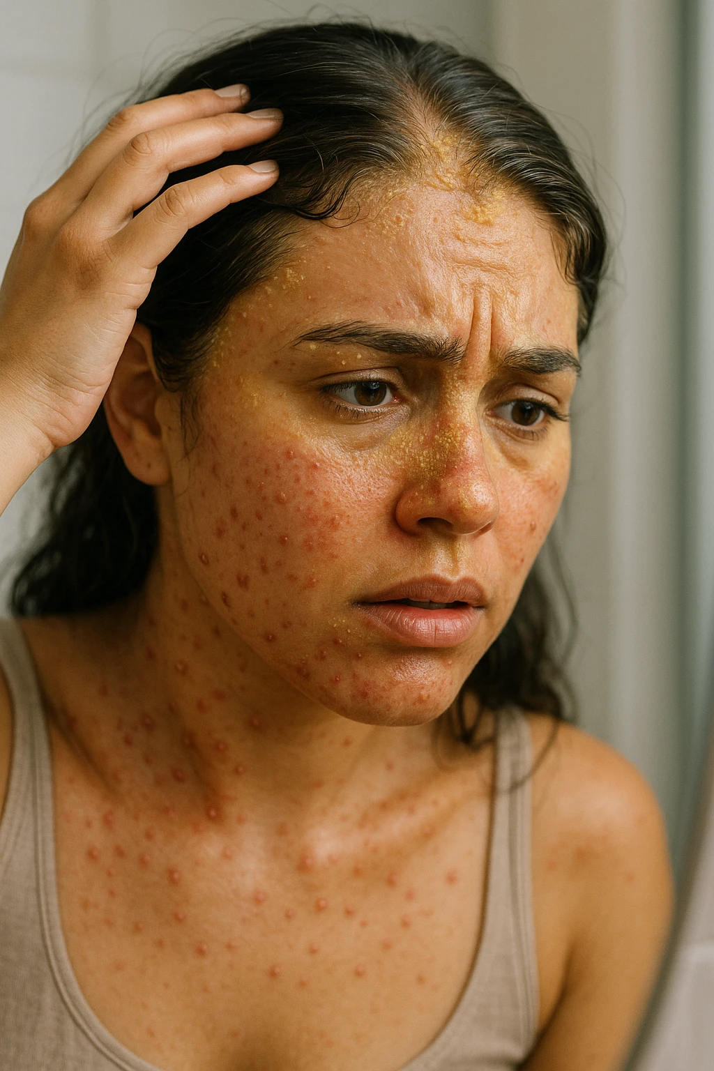 A highly realistic, cinematic close-up portrait of a young woman in her late 20s with medium skin tone, displaying visible folliculitis and seborrheic dermatitis. Small, red, inflamed follicular papules and pustules are scattered along her hairline, jawline, and upper neck, indicating folliculitis. Her scalp and areas around the nose and eyebrows show flaky, greasy yellowish scales, with redness and irritation, indicating seborrheic dermatitis. Her hair appears slightly greasy and clumps near the scalp, emphasizing excess sebum production. She gently touches her irritated scalp with concern while looking at herself in a softly lit bathroom mirror, expressing discomfort and frustration. The environment is neutral and clean, with daylight softly illuminating the scene to highlight the skin and scalp texture. The style is 35mm hyperrealistic, with warm neutral tones and shallow depth of field to maintain focus on her skin, inflammation, and emotional expression, visually explaining the physical discomfort and aesthetic concerns of living with folliculitis and seborrheic dermatitis emoji