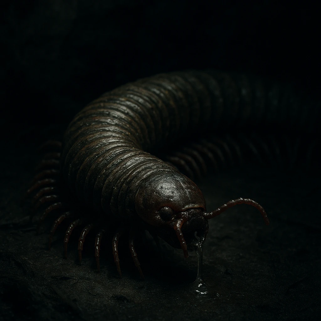 a gross millipede, realistic texture, drooling, creepy atmosphere emoji