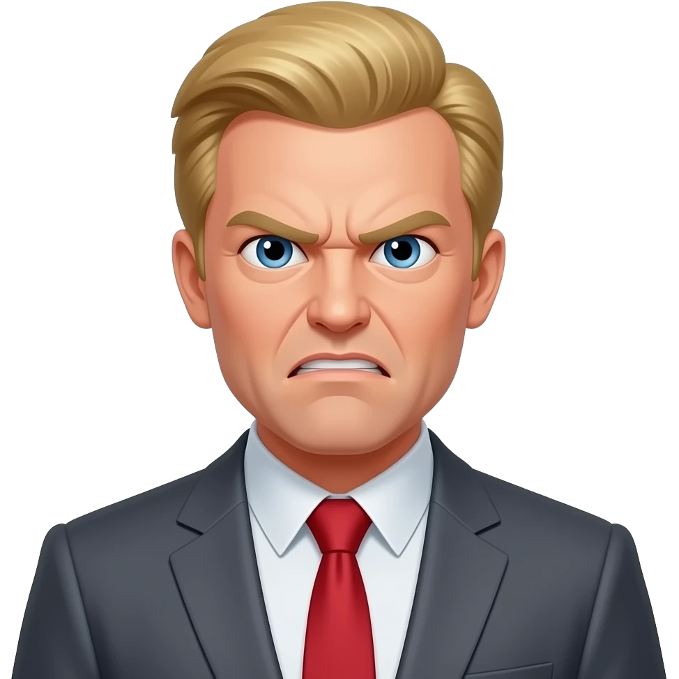 business man golden hair, blue eyes little older man angry face red tie emoji