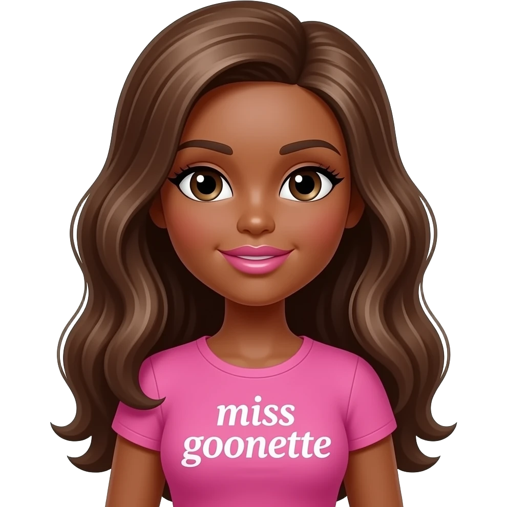 Black Bimbo Barbie girl, dark brown skin with honey brown hair, doll eyes, pink shirt says “miss goonette” with big breast, big pink lips emoji