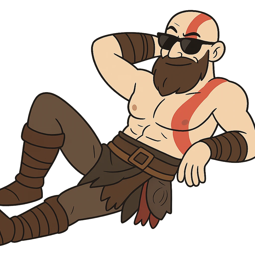 Kratos, God of War, wearing sunglasses and lounging, relaxed pose, cartoon style emoji