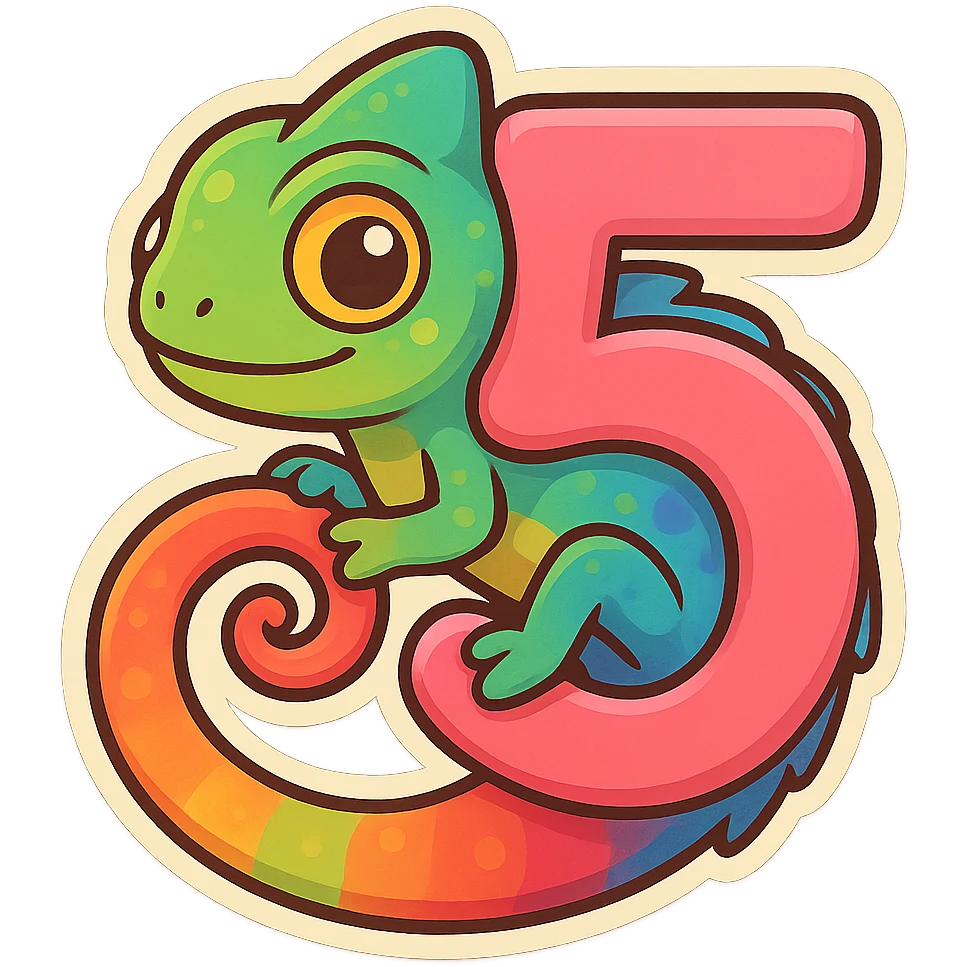 vibrant colorful chameleon wrapped around the number 5, its tail and body forming the shape of the digit emoji