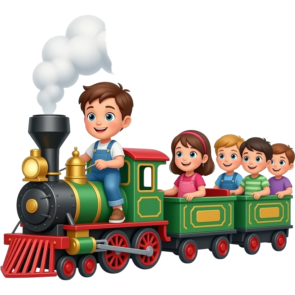 A kid riding on a full sized toy steam train and the other kids are on the wagons emoji