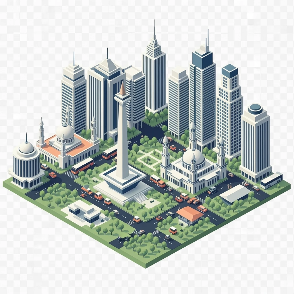 Isometric minimalistic illustration of Jakarta Monas (National Monument), Istiqlal Mosque, skyscrapers of Sudirman CBD, bustling streets with traffic and tuk-tuks, subtle 3D miniature effect and Tilt Shift effect, no cartoonish look, transparent background. emoji