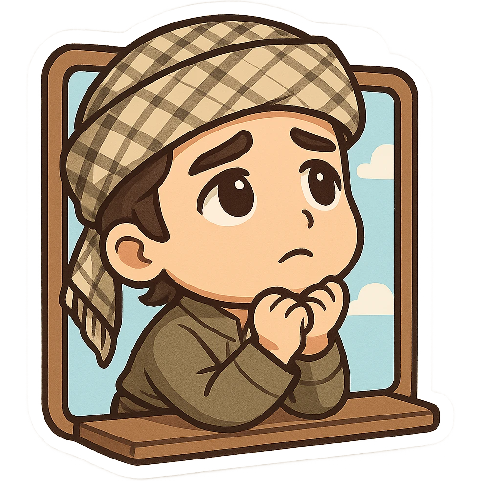 Kurdish sticker, cartoon style, Kurdish man or woman in jamadani, looking at the sky or window, longing expression, no text emoji