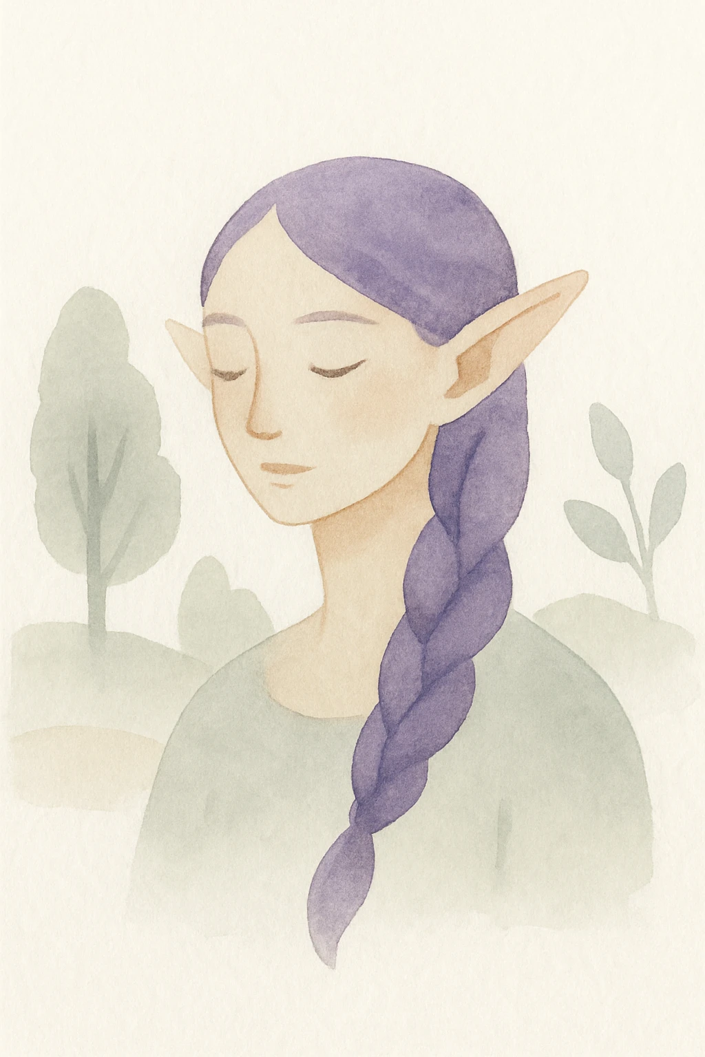 gentle elf with long braided purple hair, nature background, soft watercolor style emoji