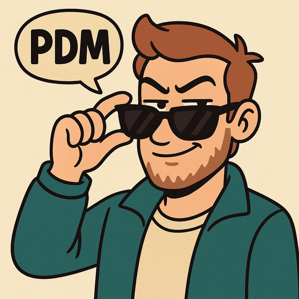 a cool character pulling down sunglasses with a confident expression, saying 'PDM', in a fun, bold style emoji