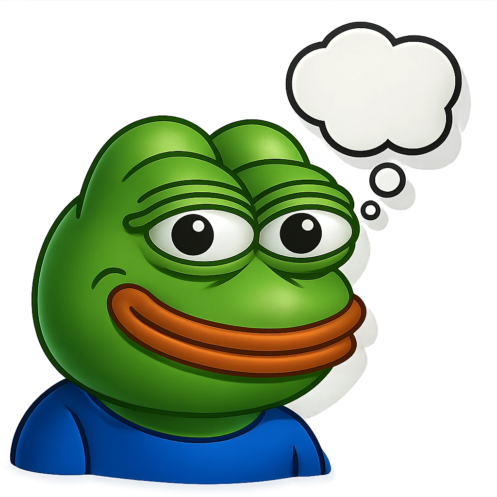 make a pepe in bright green smiling and looking straight at the camera with thought bubble looking at right right in 3d style, good highlights and shadows, drop shadows emoji