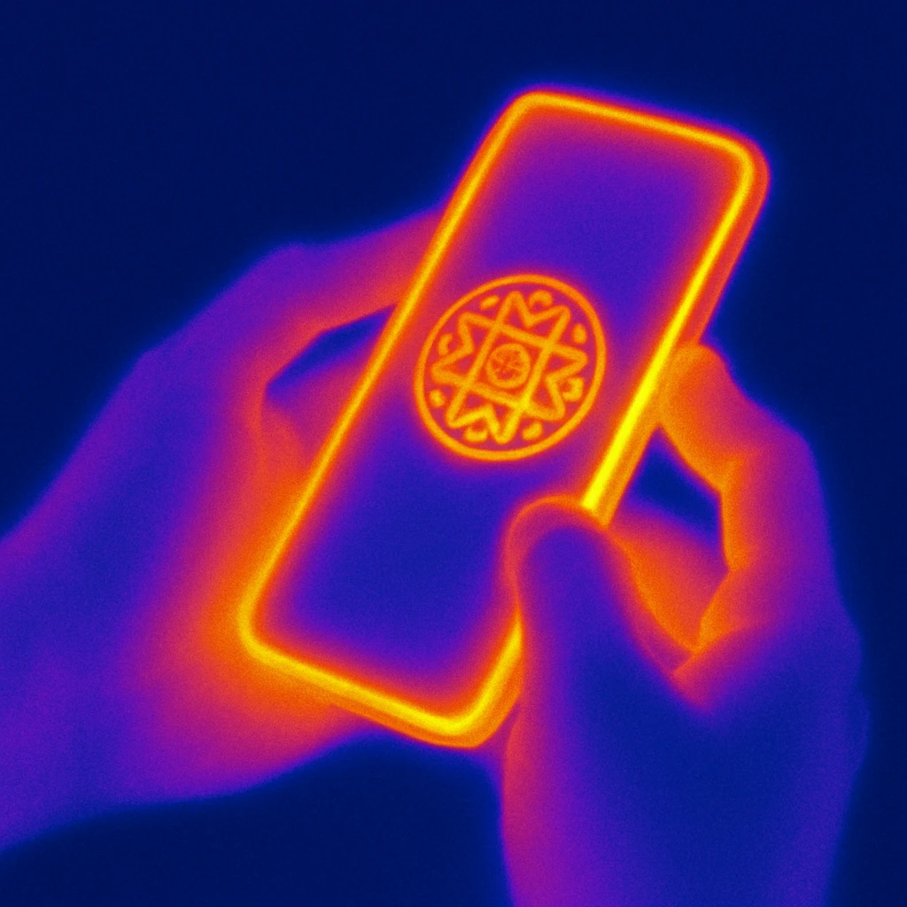 Can you please render an image of a digital artwork with a dreamy, cosmic aesthetic. It shows two beautiful feminine stylized hands left and right (in purples and pinks) seemingly holding or manipulating a floating phone with a dark screen and with its borders glowing and has a glowing small circle logo that’s attached in the image and that radiates warm colors—yellow, orange, and magenta. Make the image 3D and look more like an artistic glassmorphism type. Make the image look HD and quality  emoji