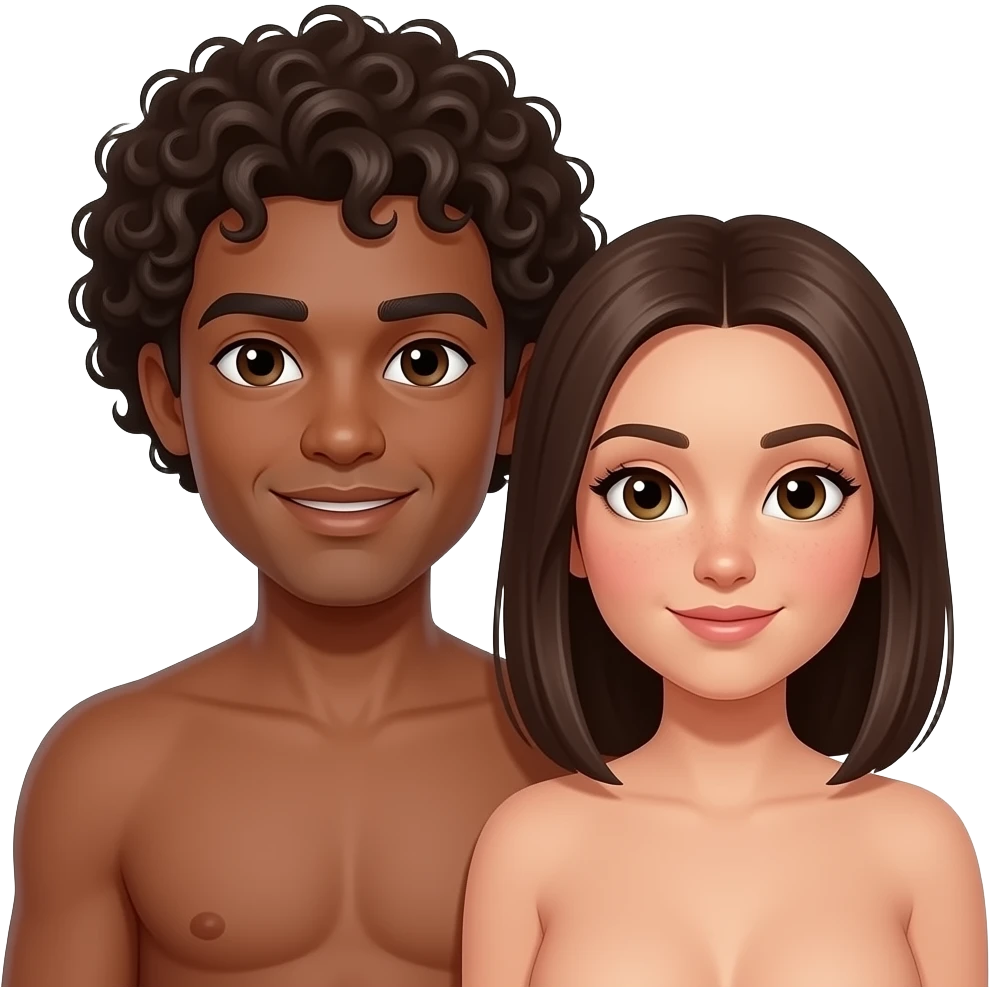 Nsfw brown man with curly hair, light brown skin woman  with straight hair couple naked emoji