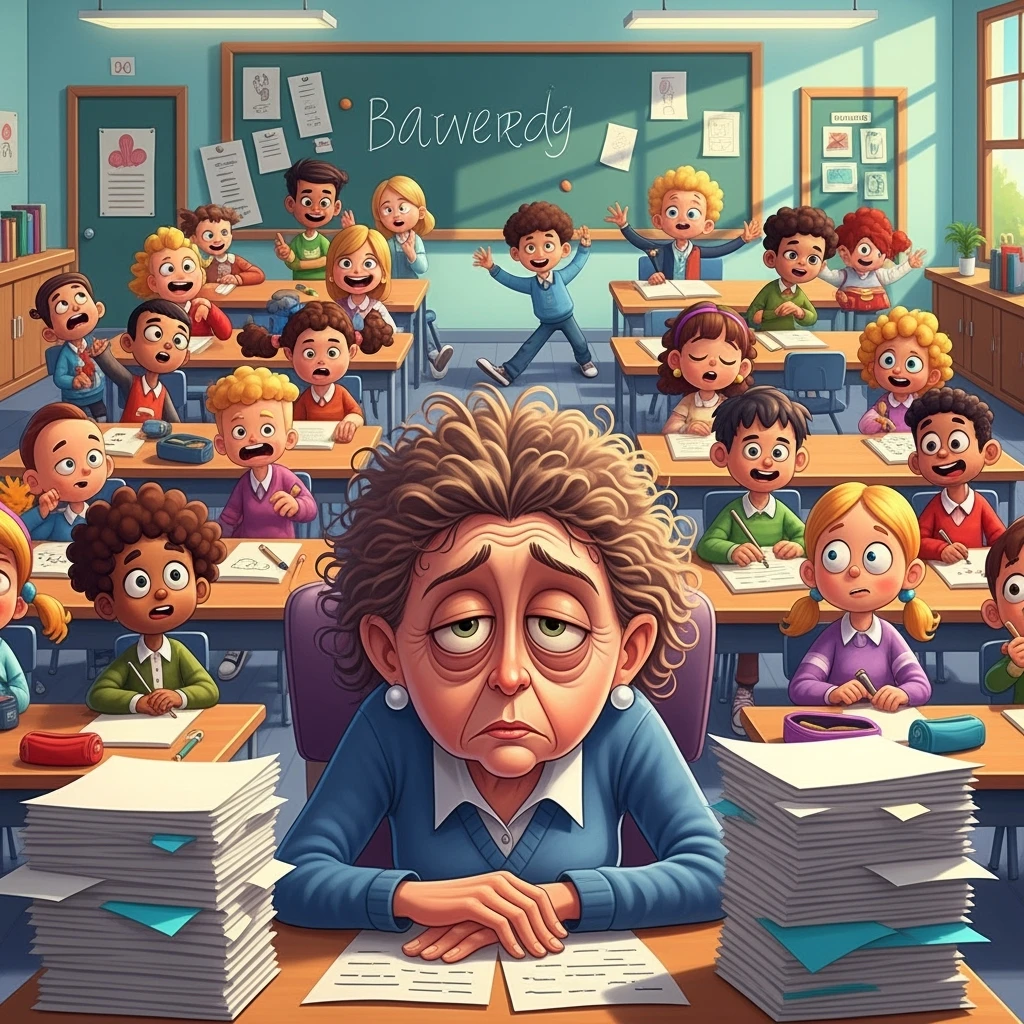 digital cartoon art of a exhausted teacher in a bustling classroom emoji