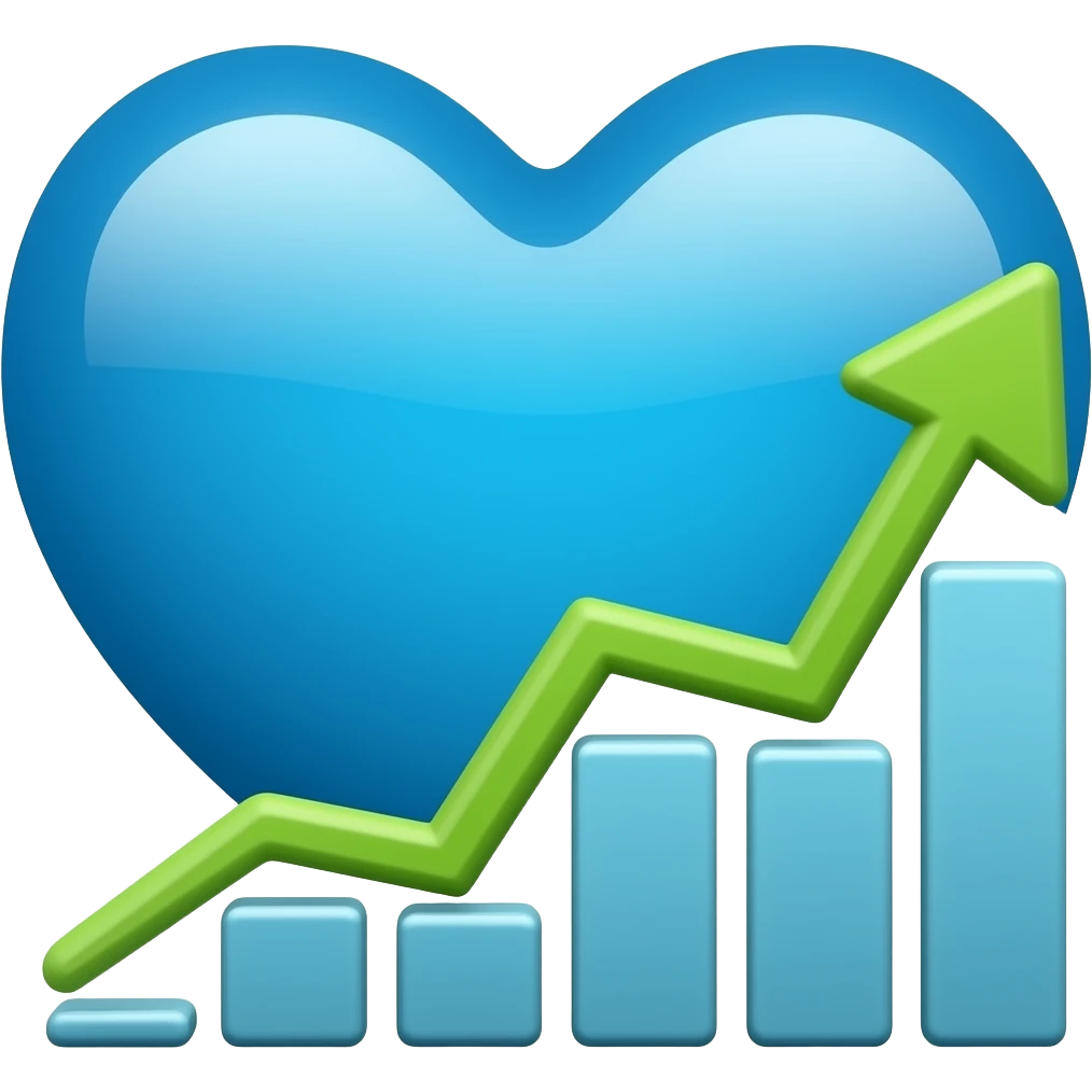 On the left: a whole blue heart. On the right: a growing economic chart in the form of an arrow emoji