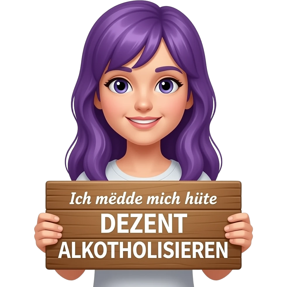 girl with long purple hair holding a Ich möchte mich heute DEZENT ALKOHOLISIEREN sign emoji