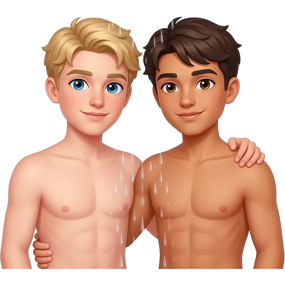 Make a young gay teen couple on a Date , one has light Skin with Blond Hair and Blue Eyes, the other one has slightly brown skin witz dark Brown Hair and Brown Eyes. They are naked together in the shower. emoji