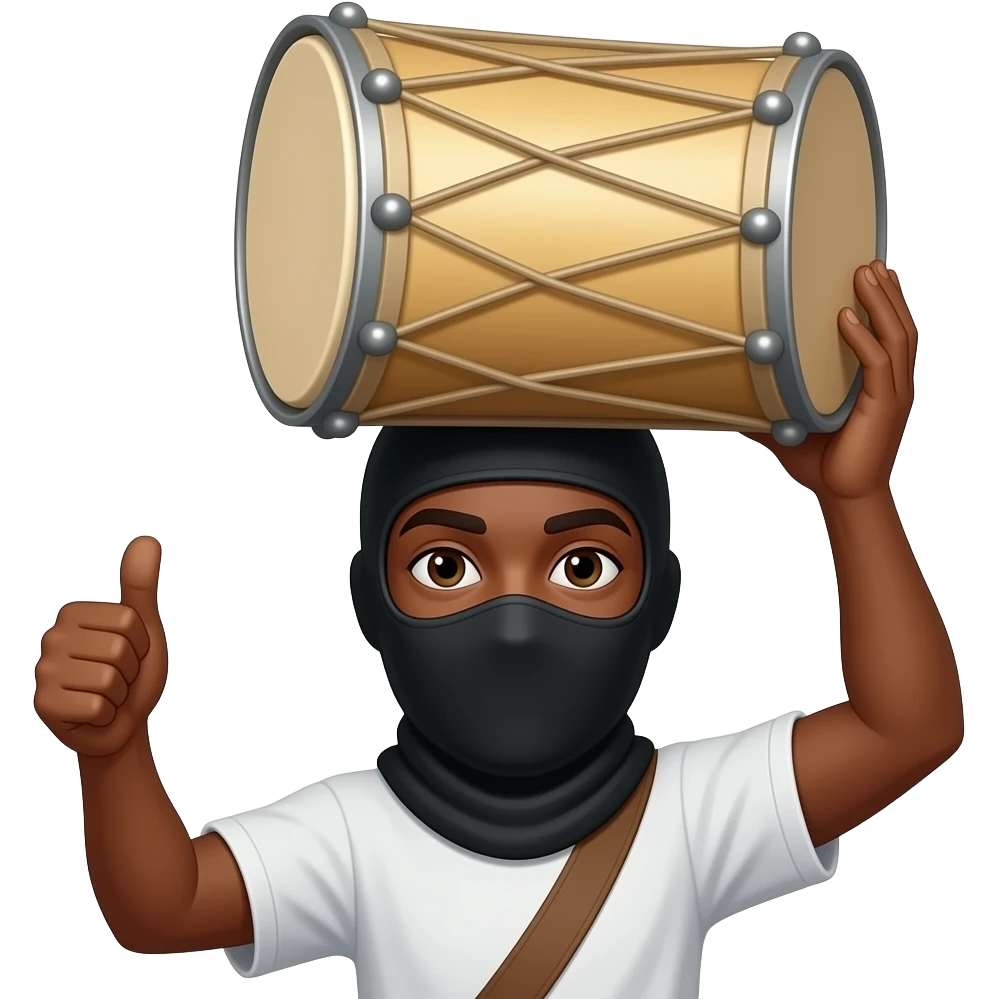 give me a black-skinned guy emoji who's showing with his thumb that everything fine, also on the other hand he holds a jumbo instrument on his head he should have the balaclava emoji
