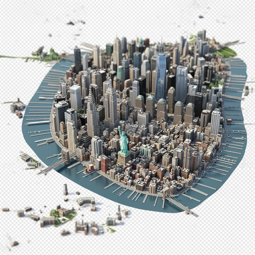 Isometric miniature of New York Сity Empire State Building, Chrysler Building, One World Trade Center, Statue of Liberty, Brooklyn Bridge, and Central Park chaotic low-rise blocks in outer boroughs 3D miniature effect and Tilt Shift effect, no cartoonish look, transparent background. emoji