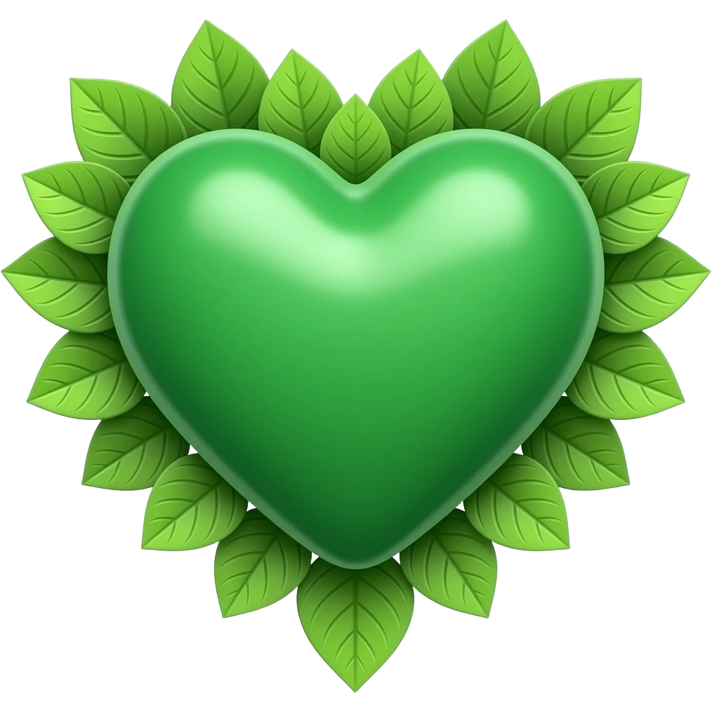 3D green heart surrounded with leaves (The Green Party style leaves), Hex Code colour: 00643b. Add a paler green reflection to the corner of the heart. emoji