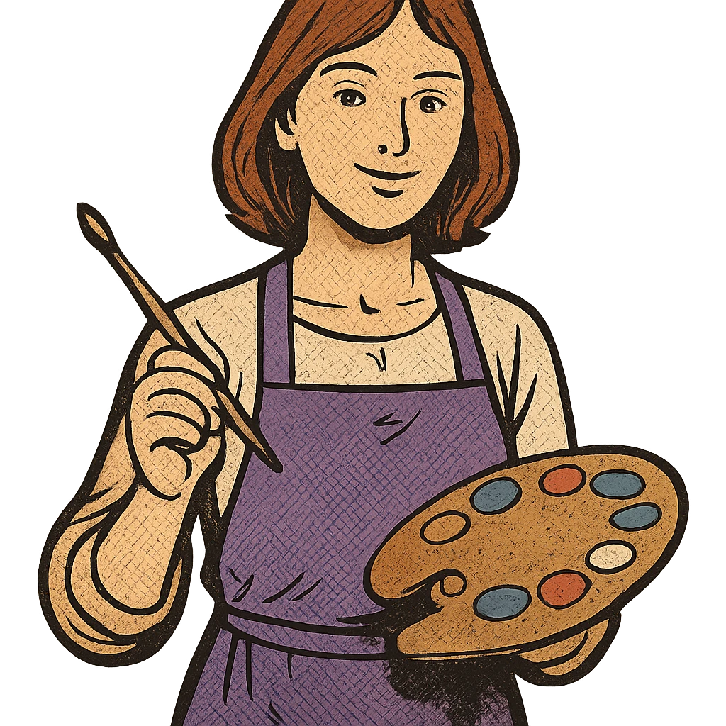 Serene female oil painter, Caucasian features, shoulder-length auburn hair, soft brown eyes, gentle smile, wearing a violet painter’s apron lightly stained with paint over a beige blouse, holding a wooden palette with vibrant colors in one hand and a brush in the other, waist-up, front-facing emoji