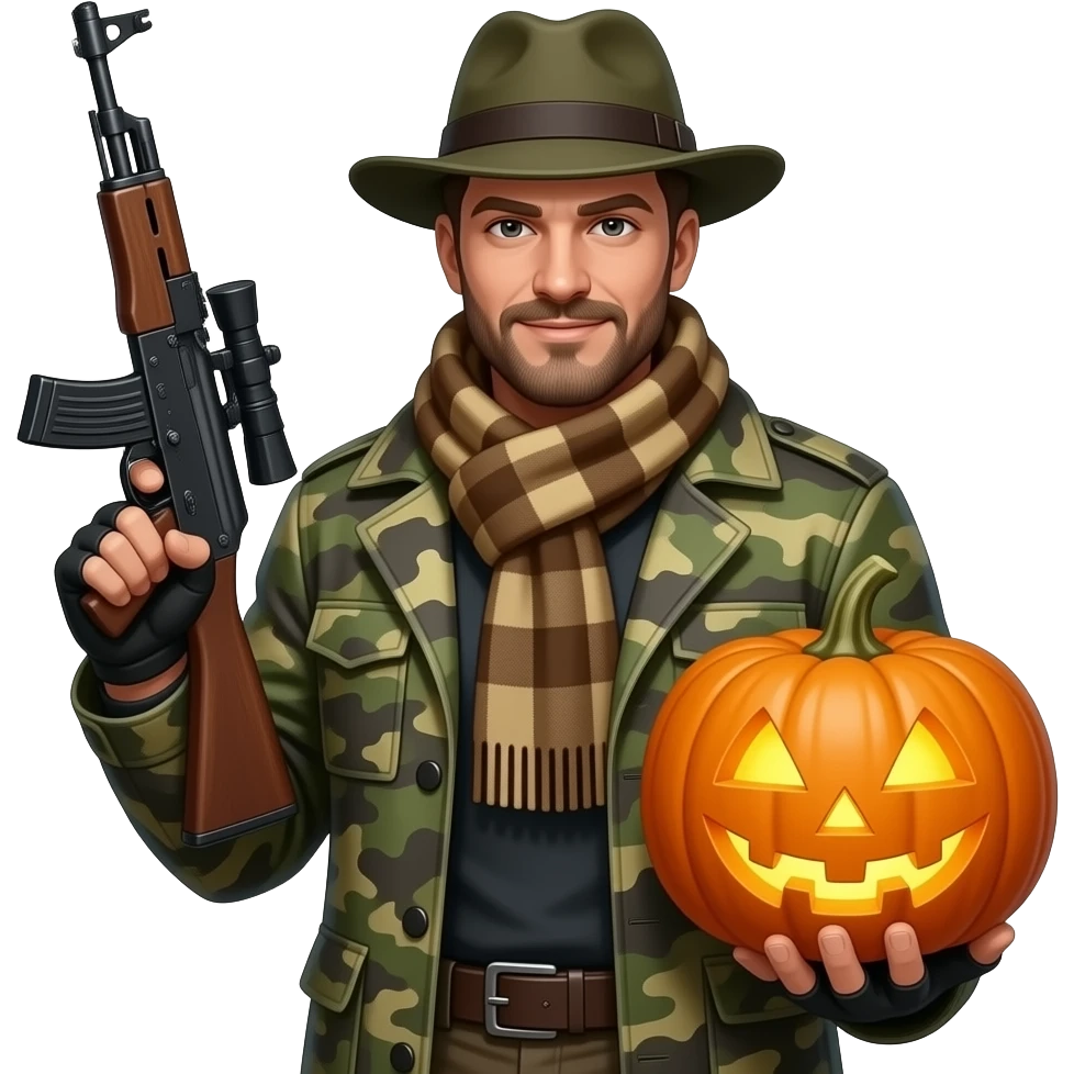 male human monster hunter emoji, wearing camo coat, hat and with rifle, holding glowing pumpkin  , soft smile, scarf, , Halloween fantasy style, clean vector Apple emoji look, bright colors,  square emoji