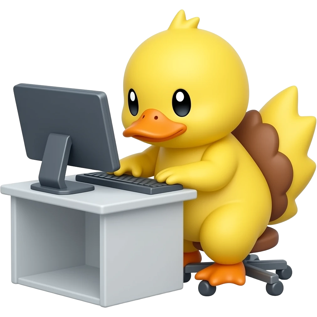 Psyduck, a duck sitting in front of a computer, working seriously and intently emoji