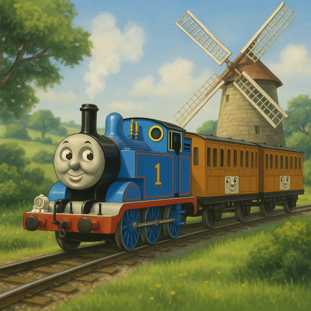 Thomas the Tank Engine with Annie and Clarabelle by a windmill, original TV series style, blue engine, two orange coaches, lush countryside, no text emoji