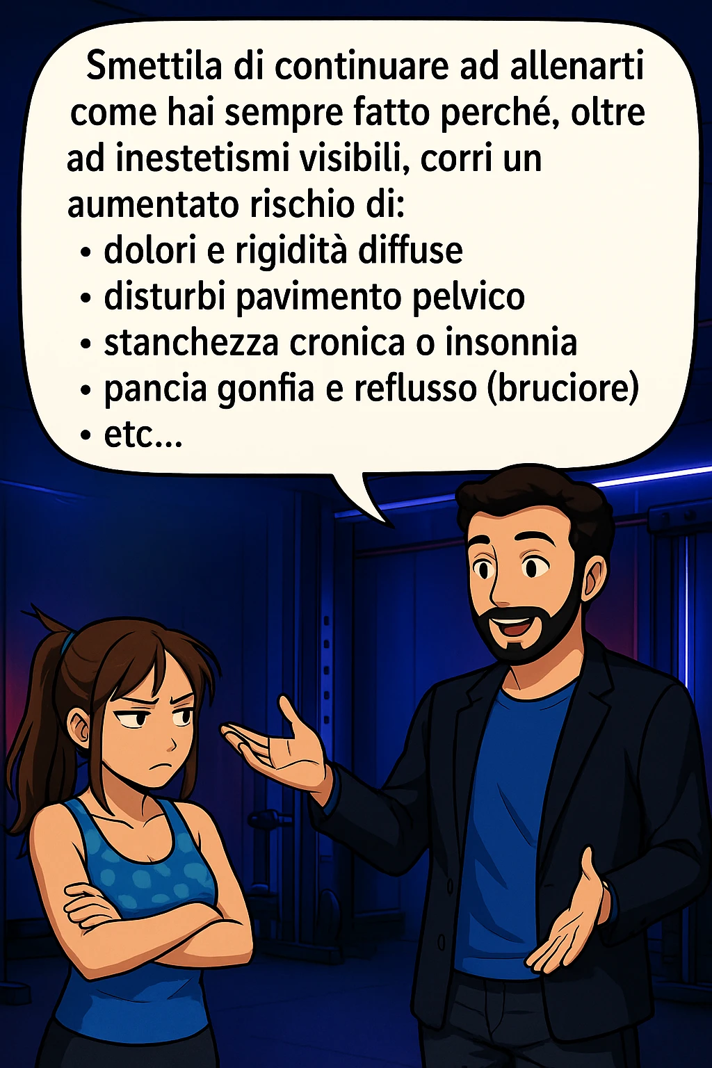 TRASFORMA QUESTO CAROSELLO IN UN FUMETTO STILE MANGA A COLORI CON QUESTE DUE PERSONE IDENTICHE CHE INTERLOQUISCONO TRA LORO:

LUI (UOMO): Smettila di continuare ad allenarti come hai sempre fatto perché, oltre ad inestetismi visibili, corri un aumentato rischio di:
    • dolori e rigidità diffuse
    • disturbi pavimento pelvico
    • stanchezza cronica o insonnia
    • pancia gonfia e reflusso (bruciore)
    • etc… emoji