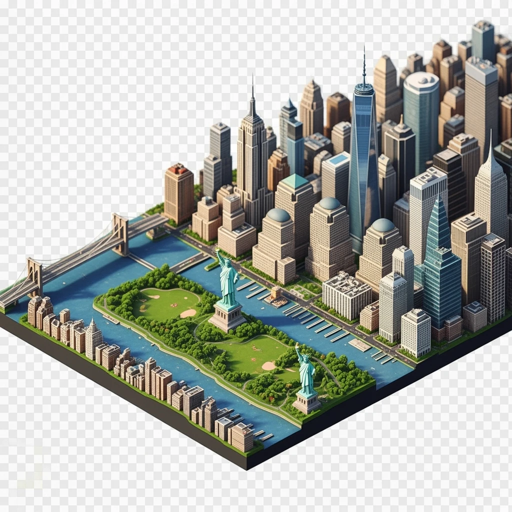 Isometric miniature of New York Сity Empire State Building, One World Trade Center, Statue of Liberty, Brooklyn Bridge, and Central Park 3D miniature effect and Tilt Shift effect, no cartoonish look, transparent background. emoji