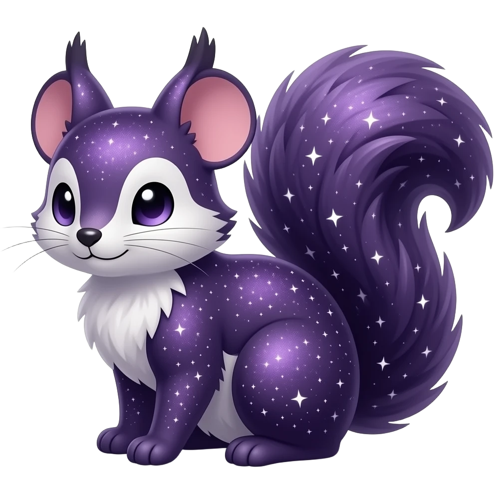 Hyper realistic midnight-violet velvet fur soaked in starlight glitter and shadow gradients beautiful elegant cute Fakémon-Pokémon-squirrel-fox-mouse-rat-chinchilla-Furret emoji