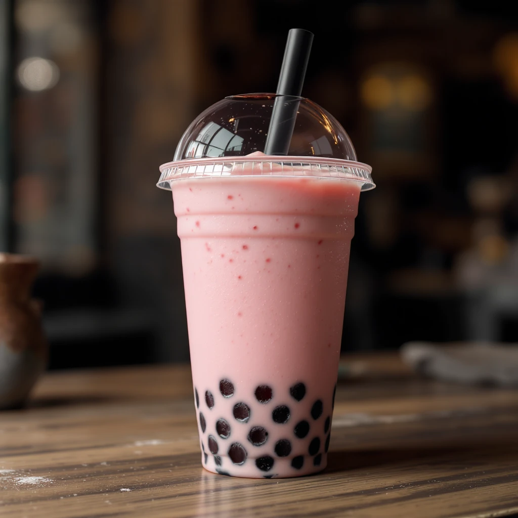 photorealistic elegant pink bubble tea, transparent background emoji