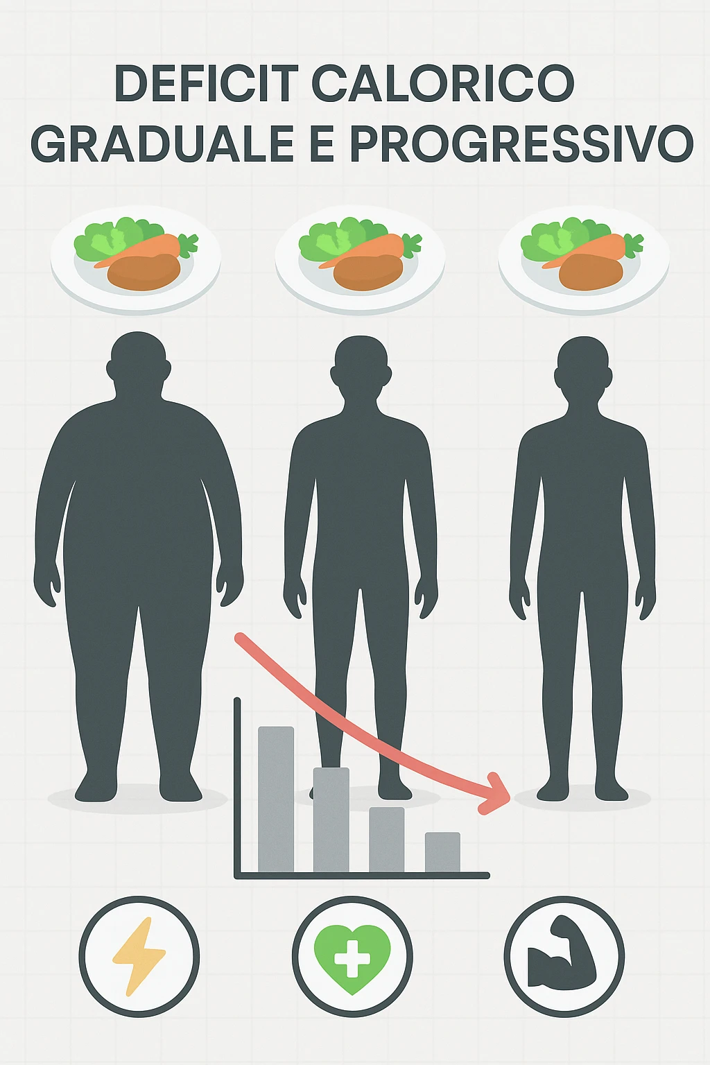 una sequenza di tre sagome umane affiancate, ognuna rappresenta una fase diversa di perdita di peso graduale. Sopra ogni figura, un piatto mostra porzioni di cibo bilanciate ma leggermente ridotte. Frecce e grafici illustrano una diminuzione lenta e costante dell’apporto calorico giornaliero, con icone che rappresentano energia, salute e mantenimento della massa muscolare. Sfondo pulito e moderno, con etichette chiare che spiegano “deficit calorico graduale e progressivo” in italiano emoji