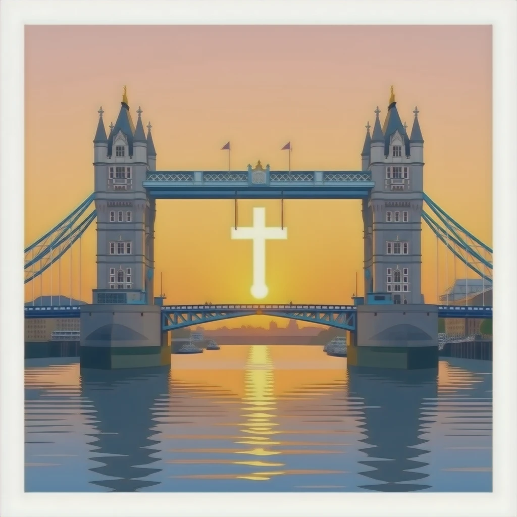 London bridge with a glowing Christian cross directly underneath it in the middle above the water emoji