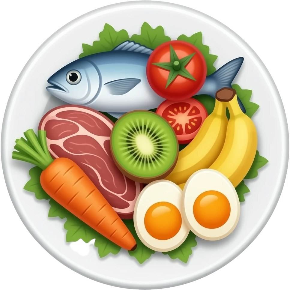 plate with meat fish carrot banana kiwi tomato eggs emoji