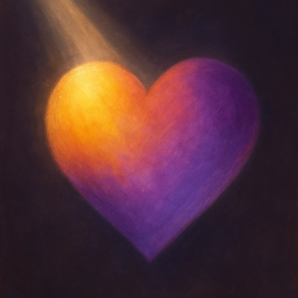A heart with a warm gradient, including yellow, orange, purple and lilac shades, a ray of light and darker muted tones, aspect ratio 3x4 emoji