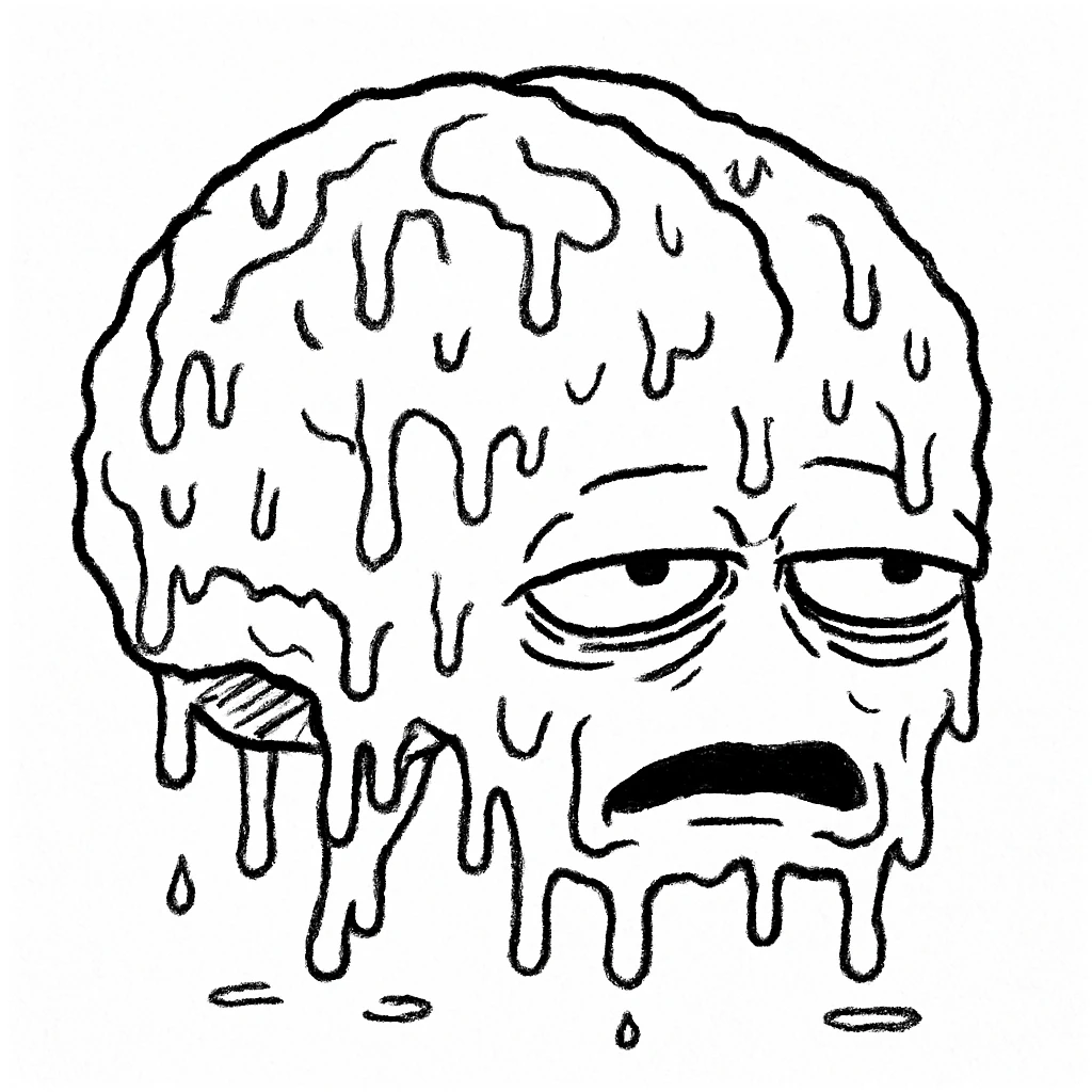 cartoon brain melting or rotting, exaggerated, humorous, with drips and a dazed expression, brainrot meme style emoji