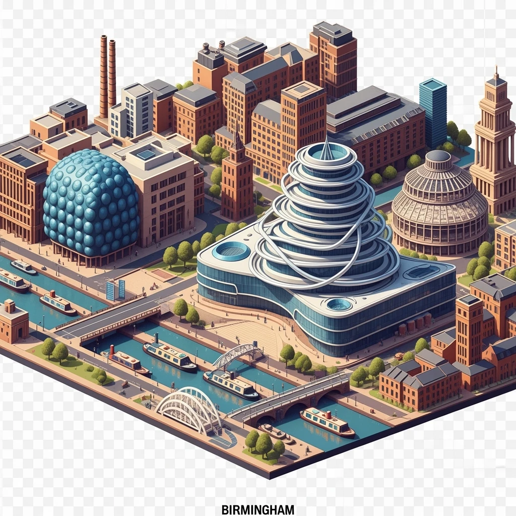 Isometric illustration of Birmingham, featuring the Library of Birmingham with its modern architecture and nearby canals, highly detailed in semi-realistic style, balanced between stylized and realistic, 3D miniature effect, transparent background. emoji